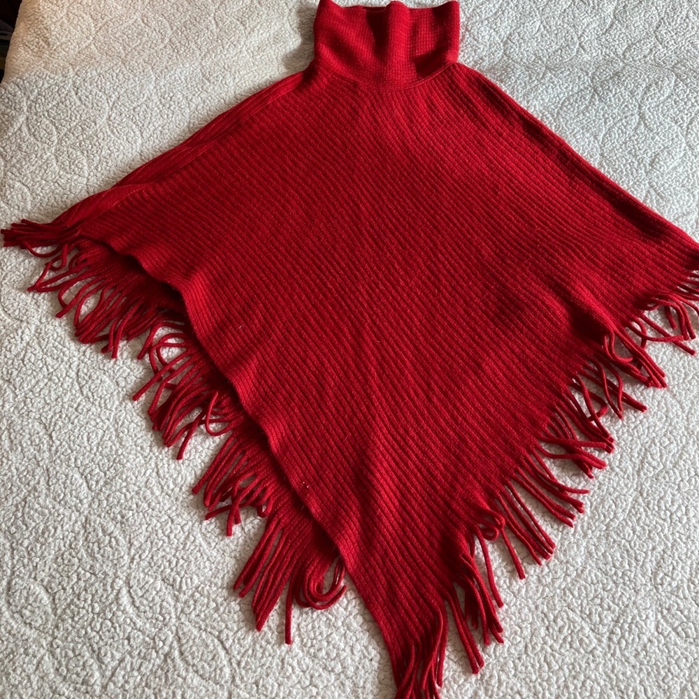 Turtleneck Poncho Pullover w/Fringed Edges